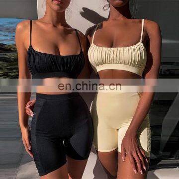 2020 Ladies Sexy Sleeveless Crop Top Casual Pleated Shorts Solid Color Women's Two-piece Sets