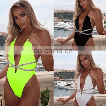 One Piece Swimsuit Neon Green Glitter Swimwear Women Bandage Swimsuit High Cut Monokini Shiny Bathing Suit Plunge Swimsuits