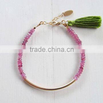 Wholesale rose quartz bead bracelet with green tassel charm brass tube for girl