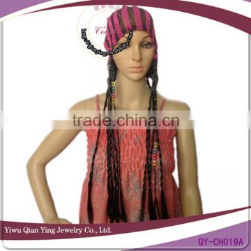 fashionable hat with fake long micro braid hair wig attached