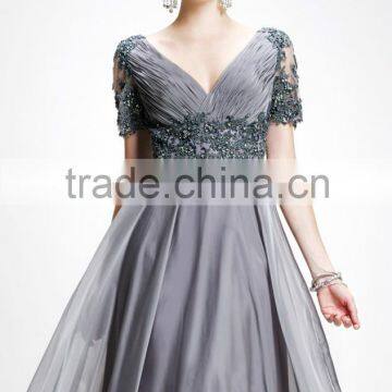 Autumn Style Elegant V-Neck Smooth Lace Short Sleeve Floor Length Evening Gown photo-2