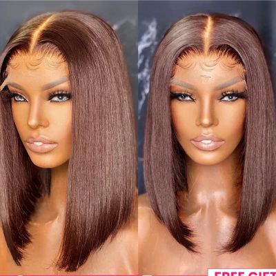 Chocolate Brown Lace Front Bob Wig #4 Dark Brown Brazilian Straight 13x4 Short Bob Human Hair Lace Frontal Wigs For Black Women