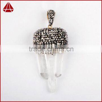 Wholesale natural clear aura crystal quartz boho pendants, black CZ paved crystal boho pendants