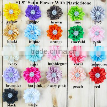 small 1.5" satin fabric flower with rhinestone centre- satin flower for headband wholesale- shabby satin flower