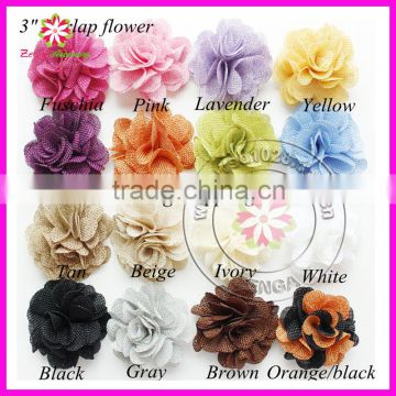 3" Burlap flower, OEM colors linen flower Made in China, linen burlap flower