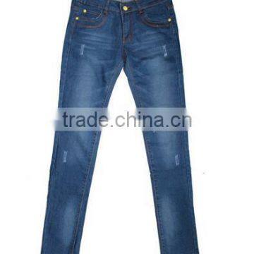 Russian Style Scratch Blue Denim Jeans For Young Ladies