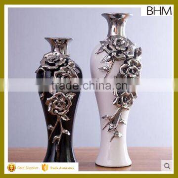 2016Modern home decor black and white silver vase with flower pattern