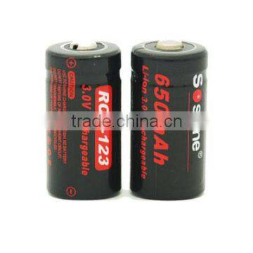 Soshine Hot sell Li-Ion 16340 RCR123 650mAh 3.0V Rechargeable Battery 16340 li ion battery