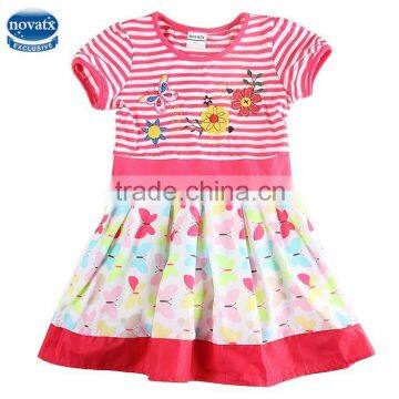 (h6071y)Salmon 2-6Y new model girl dress flower baby girl summer dress stripe girls floral print dress with short sleeves