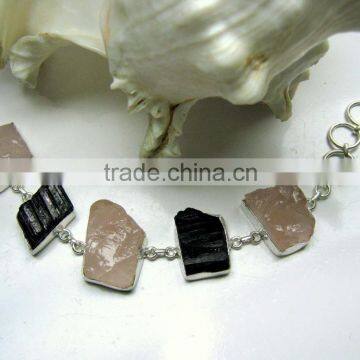 Rose Quartz & Tourmaline Multi Stone Rough Bracelet, 925 Solid Sterling Silver Bracelet, Designer Gemstone Raw Bracelet