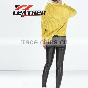 high quality skinny women leather pants in black color with elastic waist / Leather Stretch Pants Sexy Woman Elastic Women