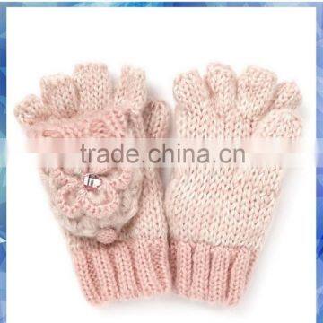Pink Flower Crochet Winter Warm Knitted Gloves for Young Girls