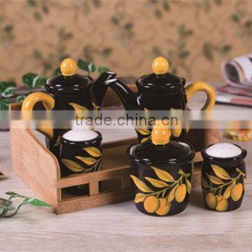 Wholesale Black Ceramic Salt Pepper Oil and Vinegar Set with Wooden Stand