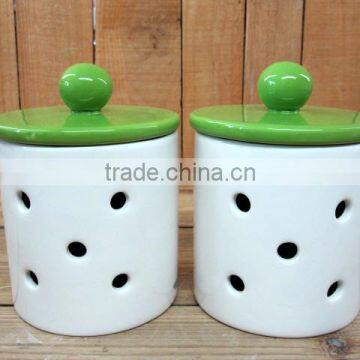 Wholesale Ceramic Garlic Storage Box/ Onion Keeper with Green Lid