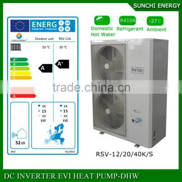 Monobloc EVI air source heat pump cold -25C running 12kw/19kw/35kw/70kw 55C hot water R407C radiant floor heating system