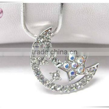 White gold plating crystal half moon and star pendant necklace