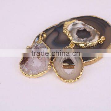 Agate Slice Pendant, Silver / Gold Plated Agate Geode Quartz Gem Stone Pendant For Jewelry Making