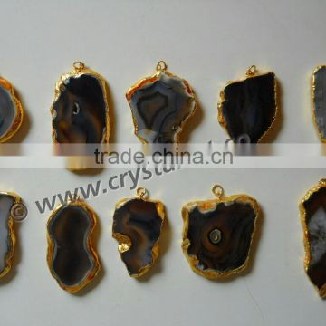 Black Banded Agate Natural Design Electroplated Slices Pendants