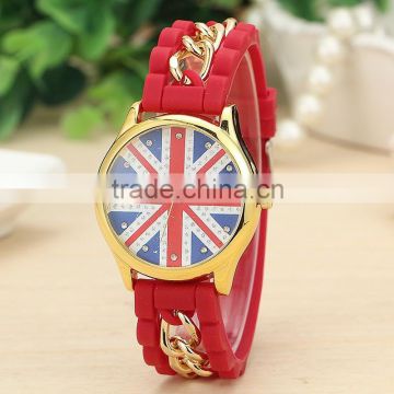 10 different colors belt fashion Geneva watch , UK flag woman watch ,geneva woman watch