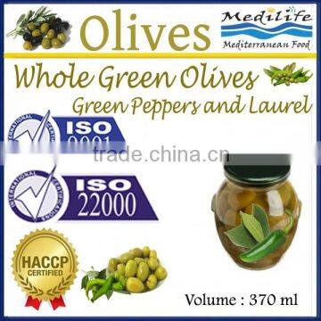 High Quality 100% Tunisian Table Olives,Green Olives with Green Peppers & Laurel,Table Olives 370 ml Glass Jar