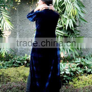 Fashion Brand Designer Long Kurtis With Front Neck Crystal Buttons Navy Blue Velvet Kurti HSD7920 photo-2