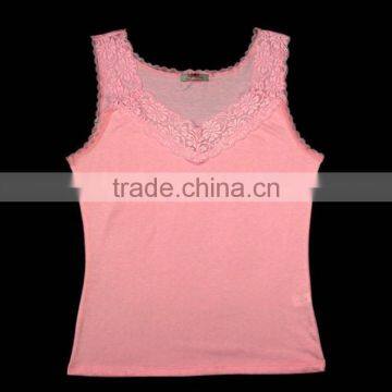 Ladies Fitness Pink Tank Top in 95% Cotton 5% Spandex with Lace Trim From Ningbo Factory