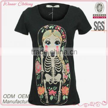 clothing manufacturer short sleeve rounded neckline printed pattern white/black girls stylish t-shirt