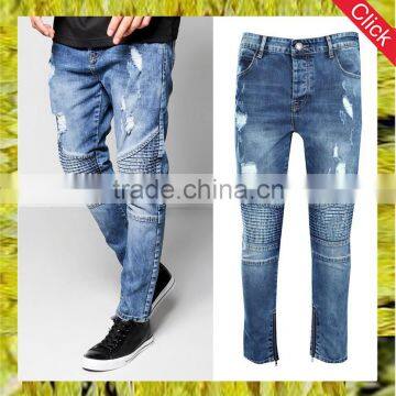 Lastest men ripped denim jeans mid blue slim biker jeans with zip cuff custom private logo