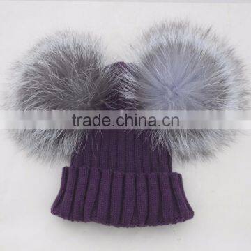 Myfur Dark Purple Girls Winter Wool Beanie Cap with Removable Silver Fur Balls