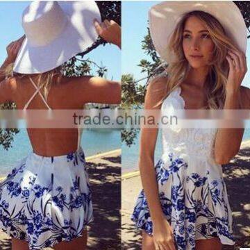 Clothing Factory Summer Women Chiffon Floral Print Plunge Beach Jumpsuit photo-2