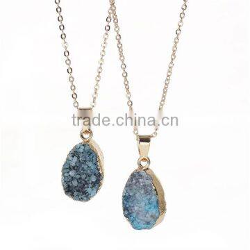 New Fashion Stone Druzy /Drusy Necklace Link Cable Chain Gold Plated Peacock Blue Drop Pendant 50.0cm long