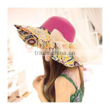 Summer Bow Sun Hat Flower Printed Wide Brim Floppy Cap