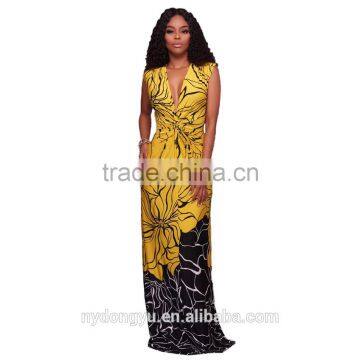 flower yellow dress /filis split cutout sleeveless summer holiday beach dress