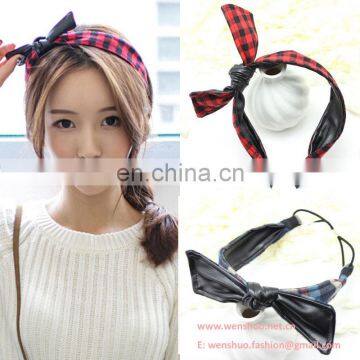 Academic Style Leather Interfacing Grid Pattern Bowknot Hair Clasp