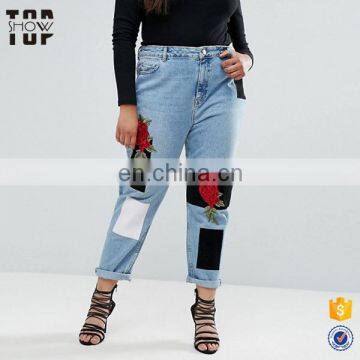 2017 oem pants embroidery design monochrome velvet patches denim pants women