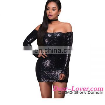 Hot Sexy Glittering Black Long Sleeve Off Shoulder Night Bodycon Club Dress