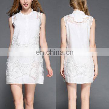 OEM Service Cheap High Collar Pleated Embellishment Plain Design Women Mini Summer Dress