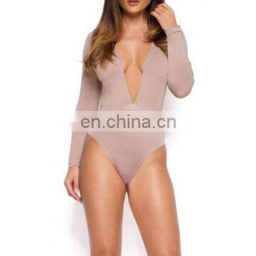 Mika72304 2017Womens V Neck Plunge Stretch Plain Long Sleeve Leotard Top Ladies Bodysuit in pink