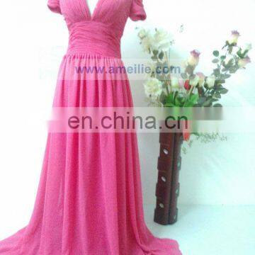 AC7R01 V neckline short sleeve peach chiffon long evening dress