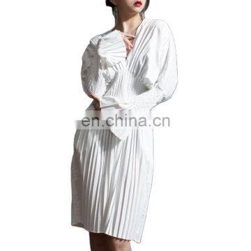 TWOTWINSTYLE Elegant Pleated Summer Dress Women V Neck Flare Long Sleeve High Waist Midi photo-2