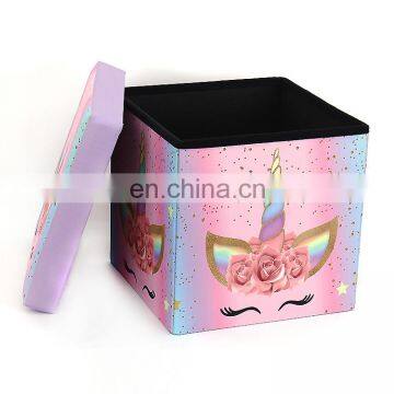 RTS Faux Linen Cartoon Printing Polyester Folding Stool for Kids Storage Ottoman Easy Carry Chair in Living Room Pink Unicorn photo-3