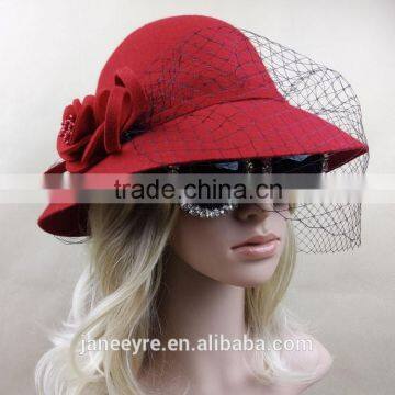 Wholesale Red 100% Wool Felt Hat With Veiling For Ladies photo-2