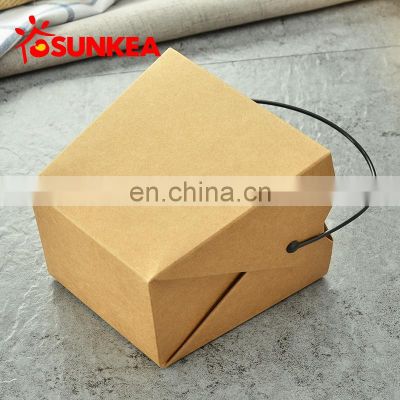 Chain restaurant take away food container kraft paper noodle box with plastic/iron handle