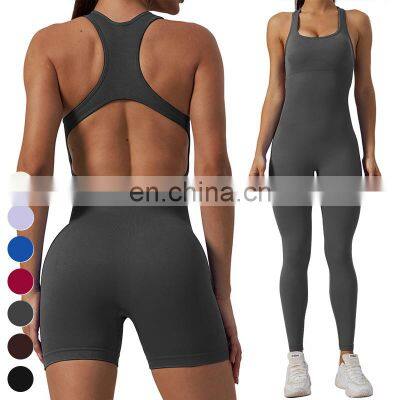 Sexy Racer Back Hollow Out Jumpsuits Custom Rompers Gym Fitness Workout Bodysuit Seamless One Piece Yoga Jumpsuit For Women photo-4