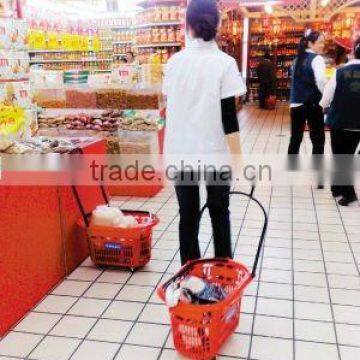 rolling plastic supermarket shopping basket with wheels