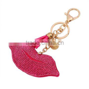 2016 Fuchsia Keychain Lipstick Pendant Keychain Bling Crystal Custom Keychain 18K Gold Plated Keyring Lobster Clasp