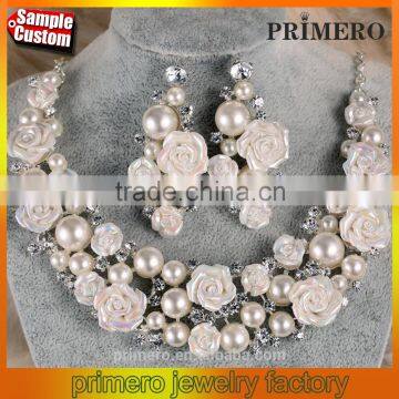 Chain Designs Ceramic Flower Ivory Pearl Crystal Bridal Wedding Jewelry Necklace Earrings Set