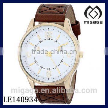 Fashion yellow gold tone coating quartz movement watch for men*brown leather strap gents quartz watch