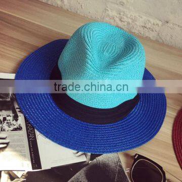 New design black ribbon contrast color fedora straw hat