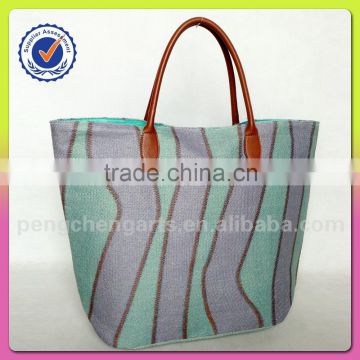 Polyester with paper straw bag promotional irregular vertical stripes women shopping tote bag